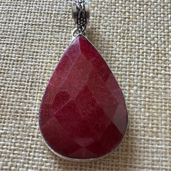 New Faceted Enhanced Ruby Stone Silver Overlay Pendant with Cord - Picture 2 of 5